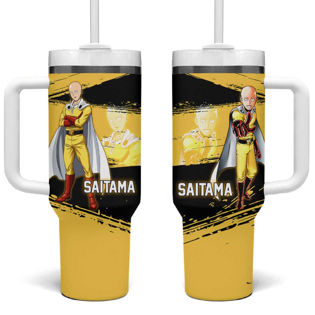 Saitama One Punch Man Anime Yellow and Black Theme Tumbler With Handle with Heroic Pose and Dynamic Brushstroke Background TS04