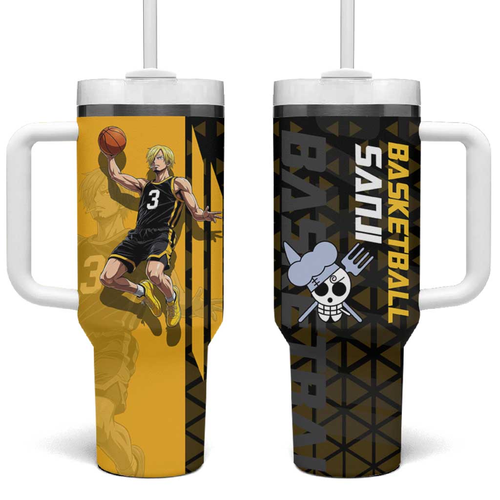 Sanji One Piece Basketball Theme Yellow and Black Design Tumbler With Handle with Pirate Chef Logo and Jump Shot Pose TS04