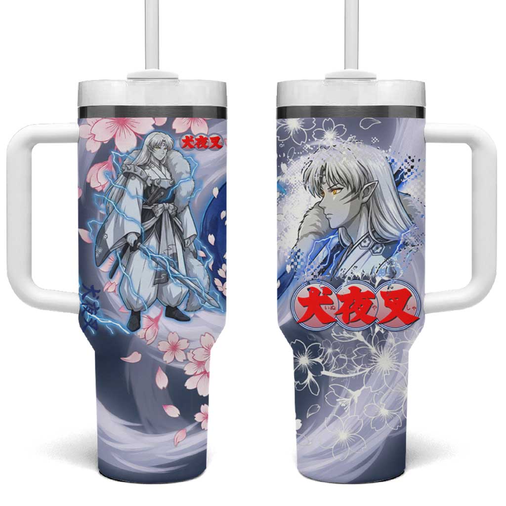 Sesshomaru Inuyasha Series Tumbler With Handle Elegant Sakura Storm Style with Crescent Moon Motif TS04