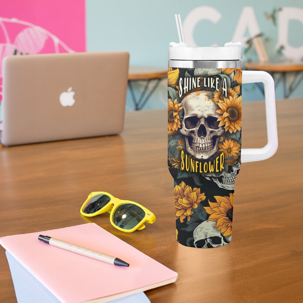 Shine Like A Sunflower Skull Tumbler With Handle TS04 Shine Like A Sunflower Skull Tumbler With Handle TS04