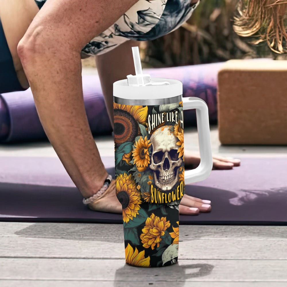 Shine Like A Sunflower Skull Tumbler With Handle TS04 Shine Like A Sunflower Skull Tumbler With Handle TS04