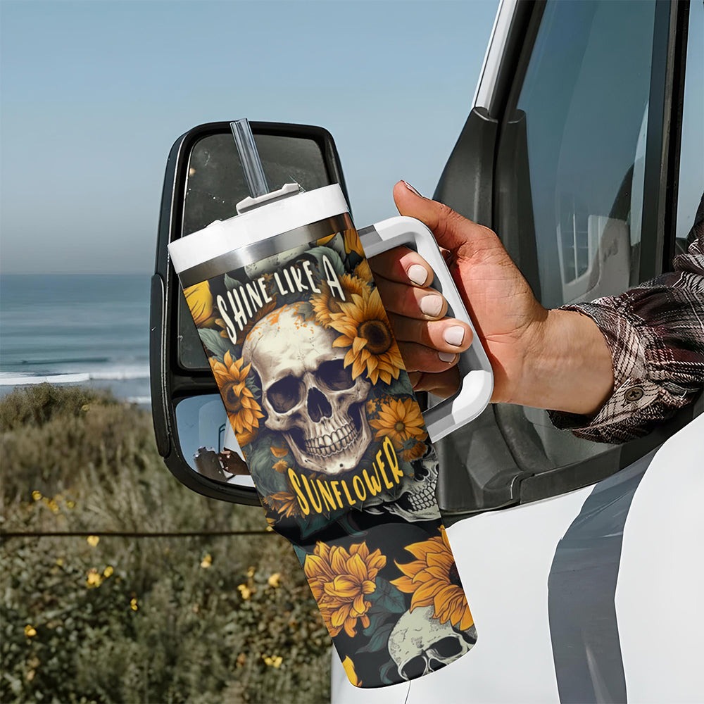 Shine Like A Sunflower Skull Tumbler With Handle TS04 Shine Like A Sunflower Skull Tumbler With Handle TS04