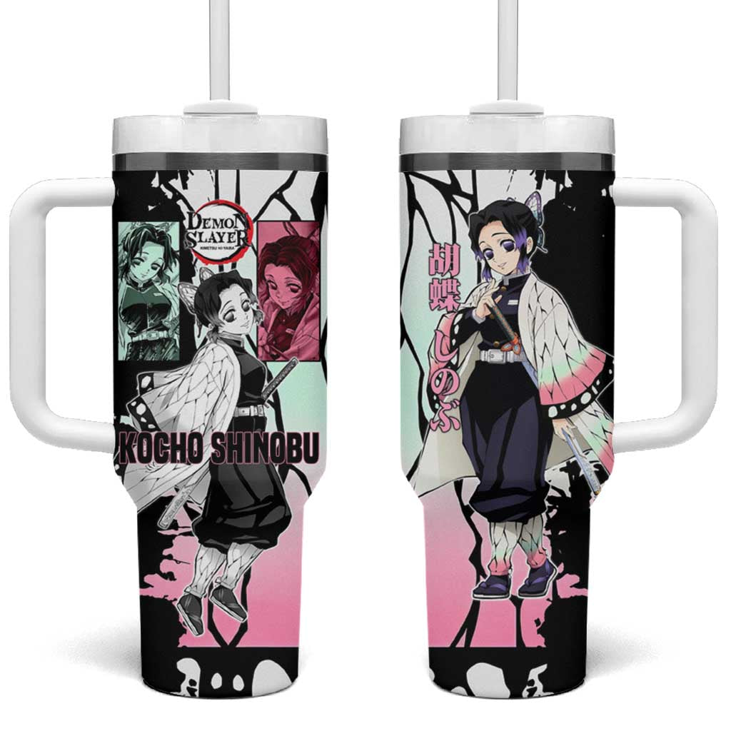 Shinobu Kocho from Demon Slayer Tumbler With Handle with Black and White Wing Pattern and Pastel Manga Panel Design TS04