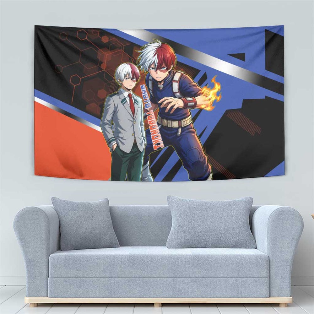 Shoto Todoroki Tapestry Split Fire and Ice Anime Illustration with Elemental Energy Effects TS04