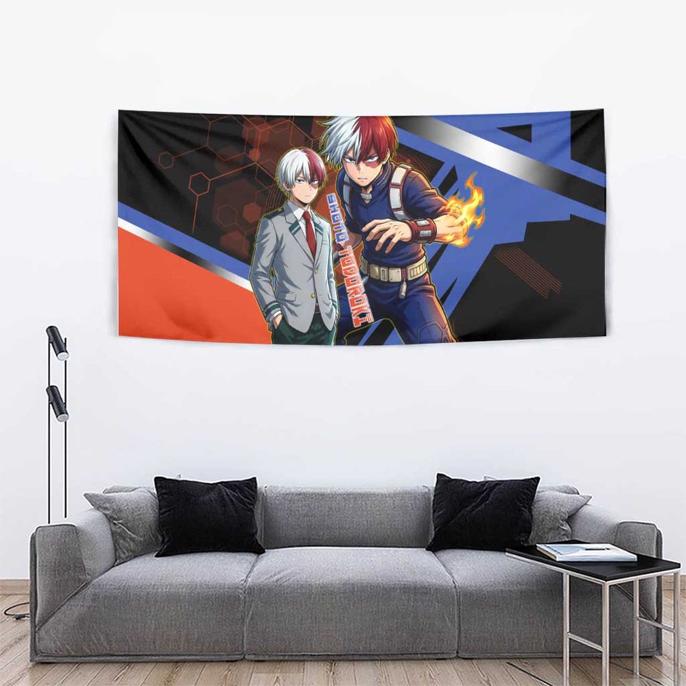 Shoto Todoroki Tapestry Split Fire and Ice Anime Illustration with Elemental Energy Effects TS04