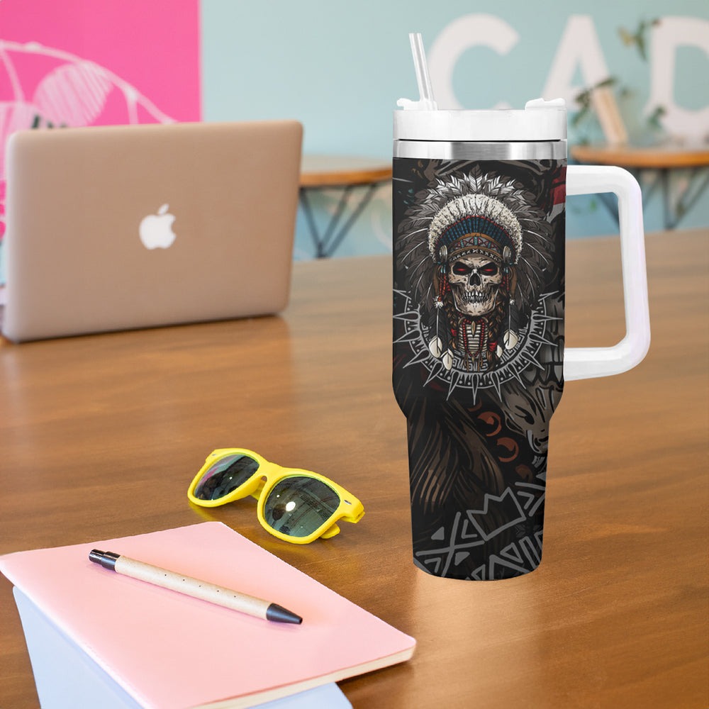 Skull Native American Warrior Tumbler With Handle TS04