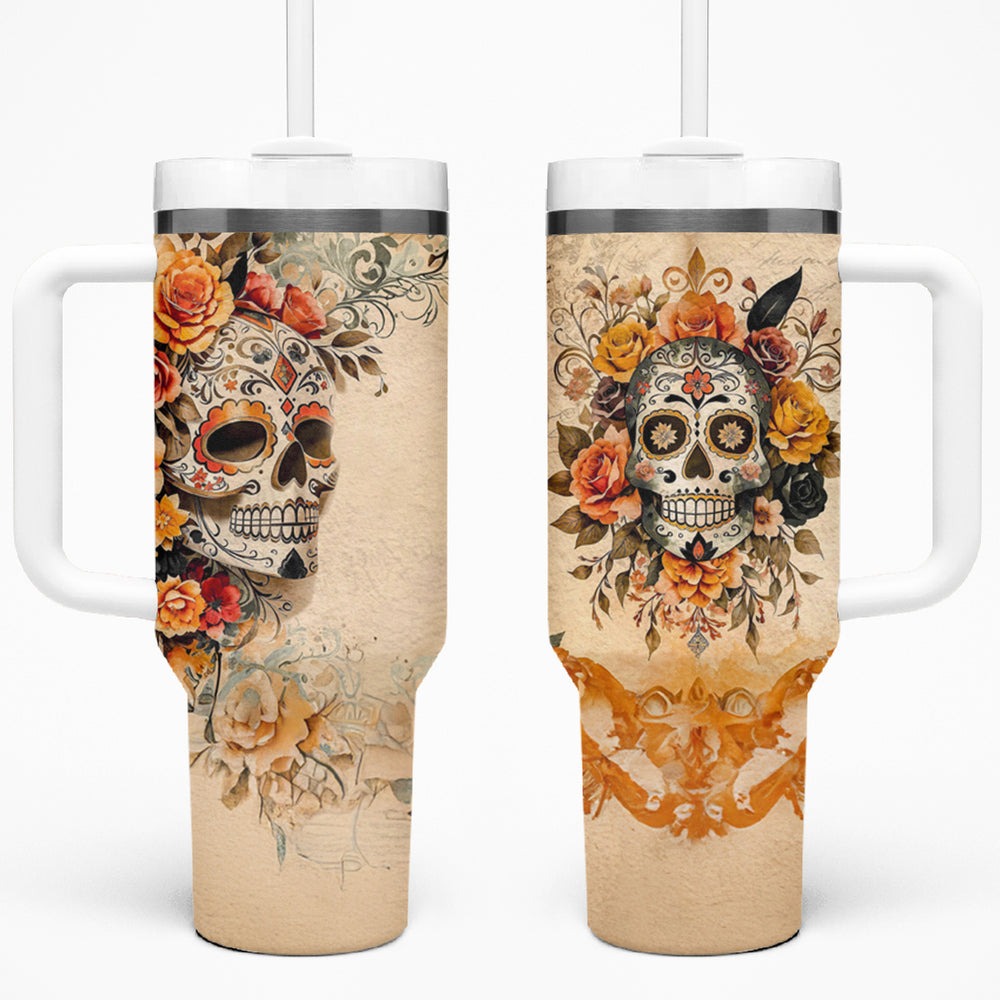 Sugar Skull Tumbler With Handle Rose Sugar Skull Vintage DT01 Sugar Skull Tumbler With Handle Rose Sugar Skull Vintage DT01