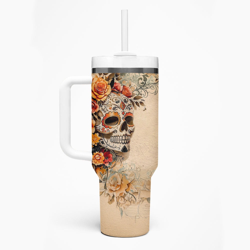 Sugar Skull Tumbler With Handle Rose Sugar Skull Vintage DT01 Sugar Skull Tumbler With Handle Rose Sugar Skull Vintage DT01