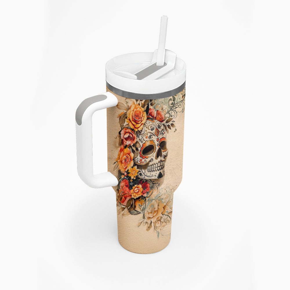Sugar Skull Tumbler With Handle Rose Sugar Skull Vintage DT01 Sugar Skull Tumbler With Handle Rose Sugar Skull Vintage DT01