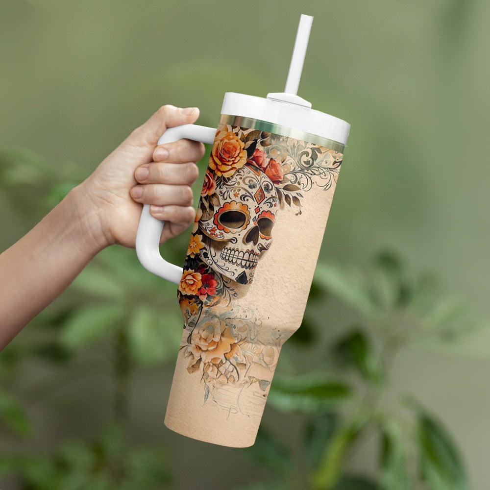 Sugar Skull Tumbler With Handle Rose Sugar Skull Vintage DT01 Sugar Skull Tumbler With Handle Rose Sugar Skull Vintage DT01