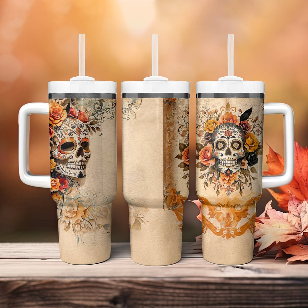 Sugar Skull Tumbler With Handle Rose Sugar Skull Vintage DT01 Sugar Skull Tumbler With Handle Rose Sugar Skull Vintage DT01