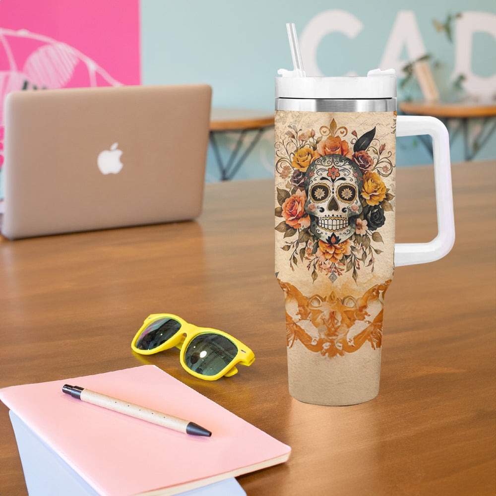 Sugar Skull Tumbler With Handle Rose Sugar Skull Vintage DT01 Sugar Skull Tumbler With Handle Rose Sugar Skull Vintage DT01