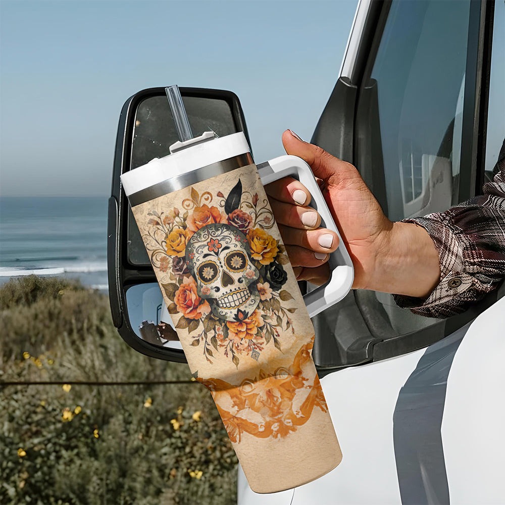 Sugar Skull Tumbler With Handle Rose Sugar Skull Vintage DT01 Sugar Skull Tumbler With Handle Rose Sugar Skull Vintage DT01