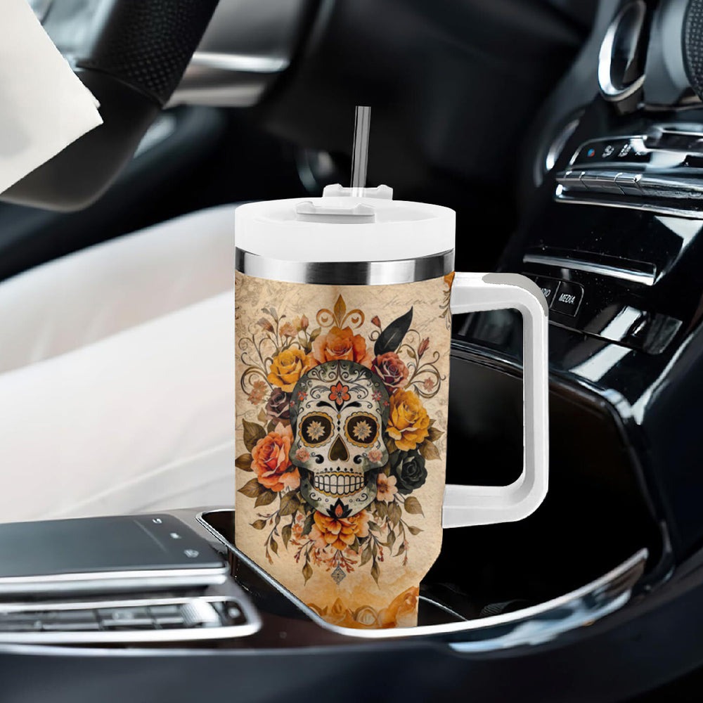 Sugar Skull Tumbler With Handle Rose Sugar Skull Vintage DT01 Sugar Skull Tumbler With Handle Rose Sugar Skull Vintage DT01