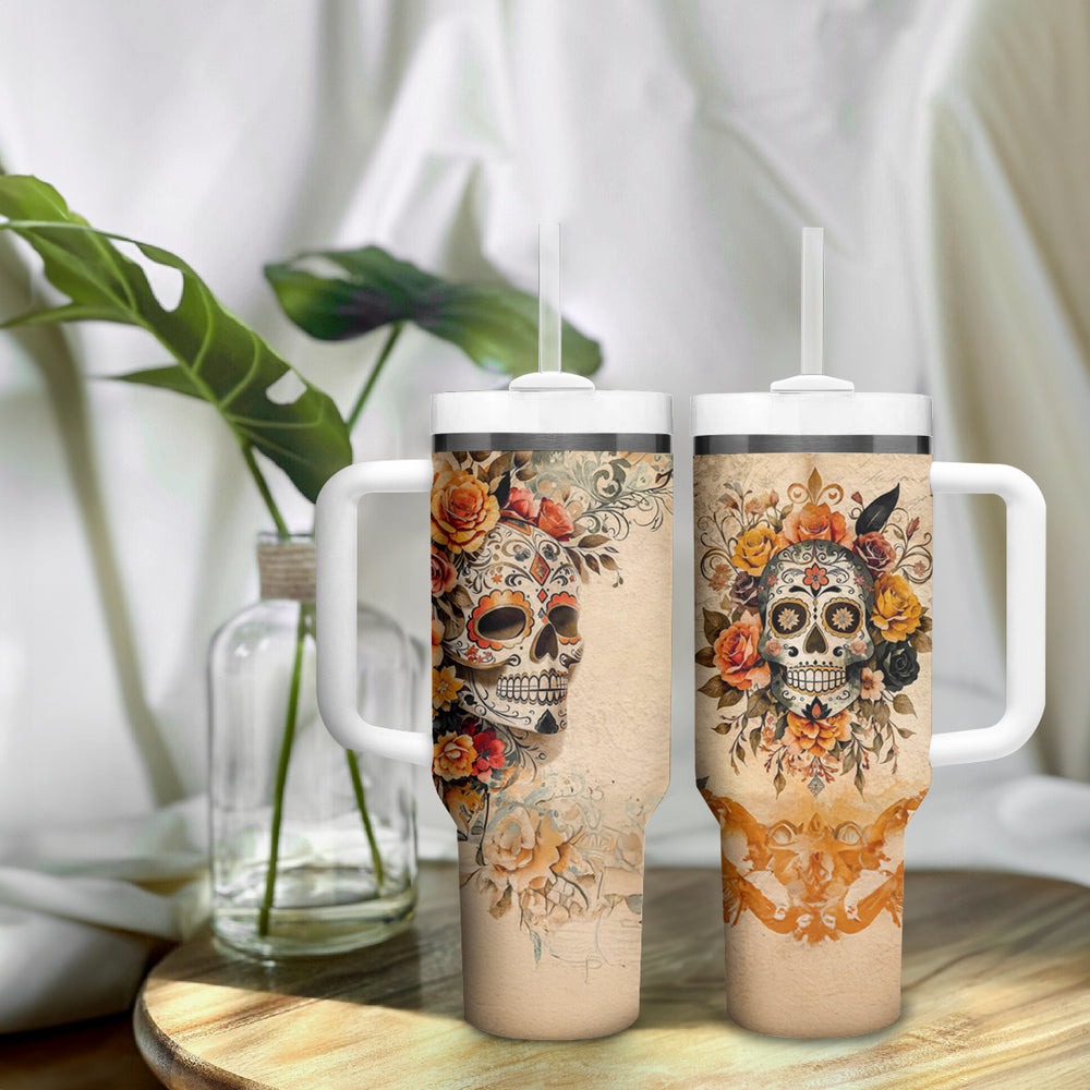 Sugar Skull Tumbler With Handle Rose Sugar Skull Vintage DT01 Sugar Skull Tumbler With Handle Rose Sugar Skull Vintage DT01