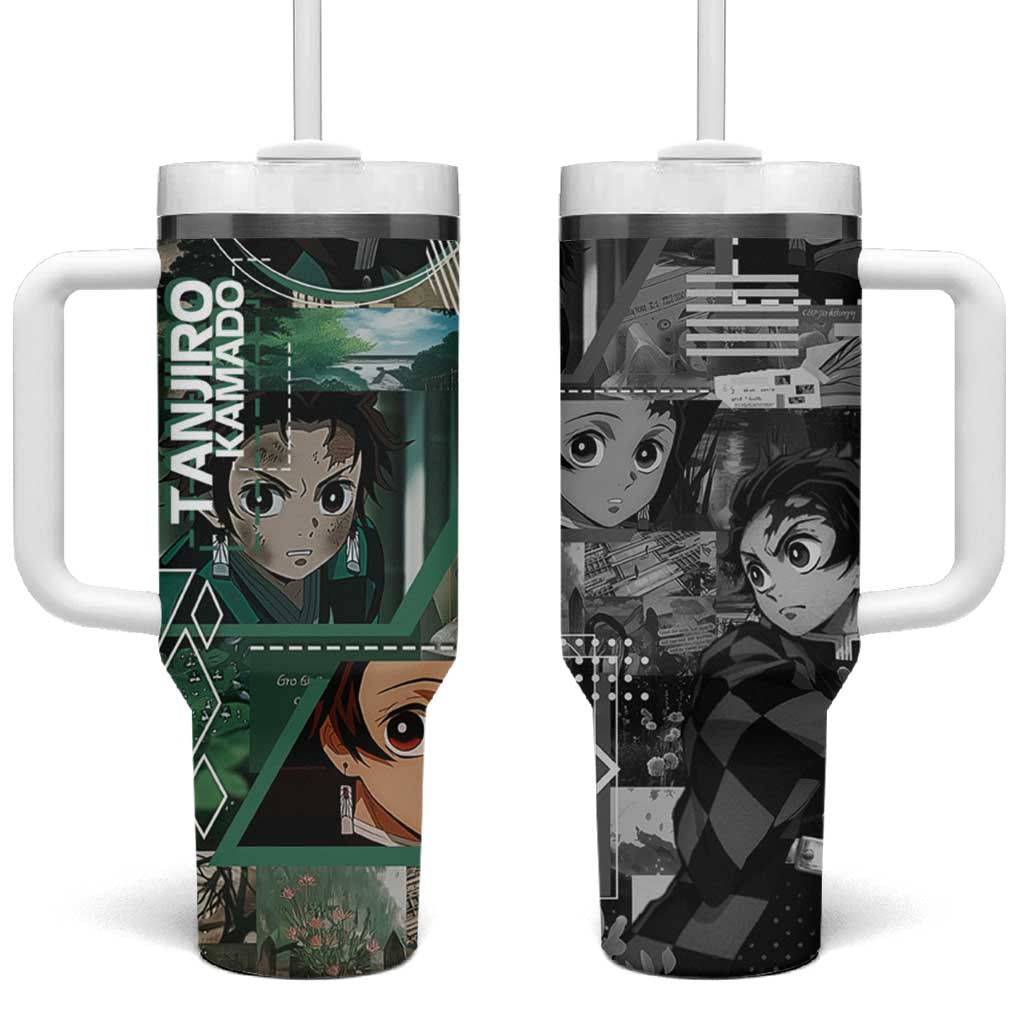 Tanjiro Kamado from Demon Slayer Tumbler With Handle with Green Black Checkered Haori and Water Breathing Sword Pose Design TS04