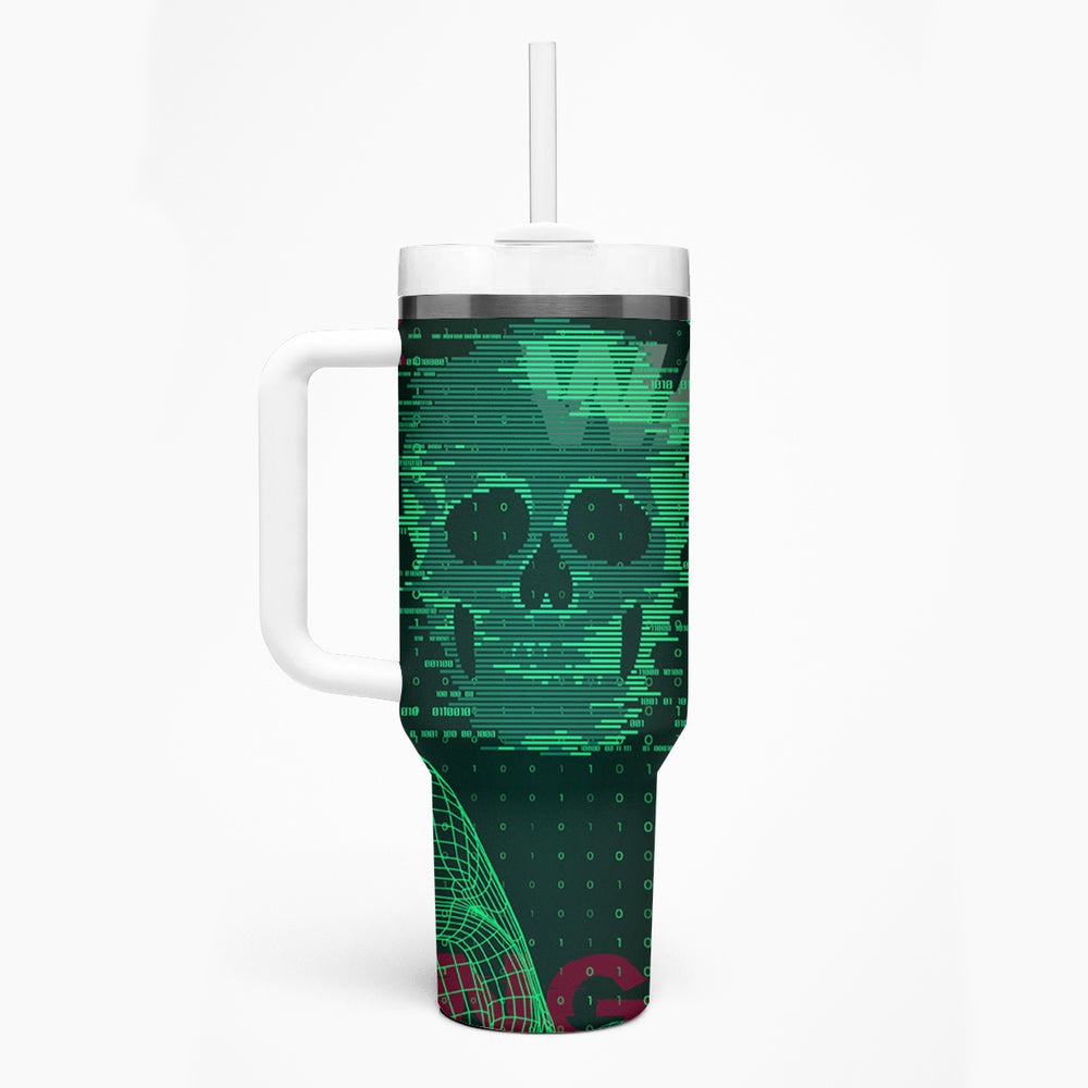 Technology Skull Tumbler With Handle Warning - Erro 404 TS04 Technology Skull Tumbler With Handle Warning - Erro 404 TS04