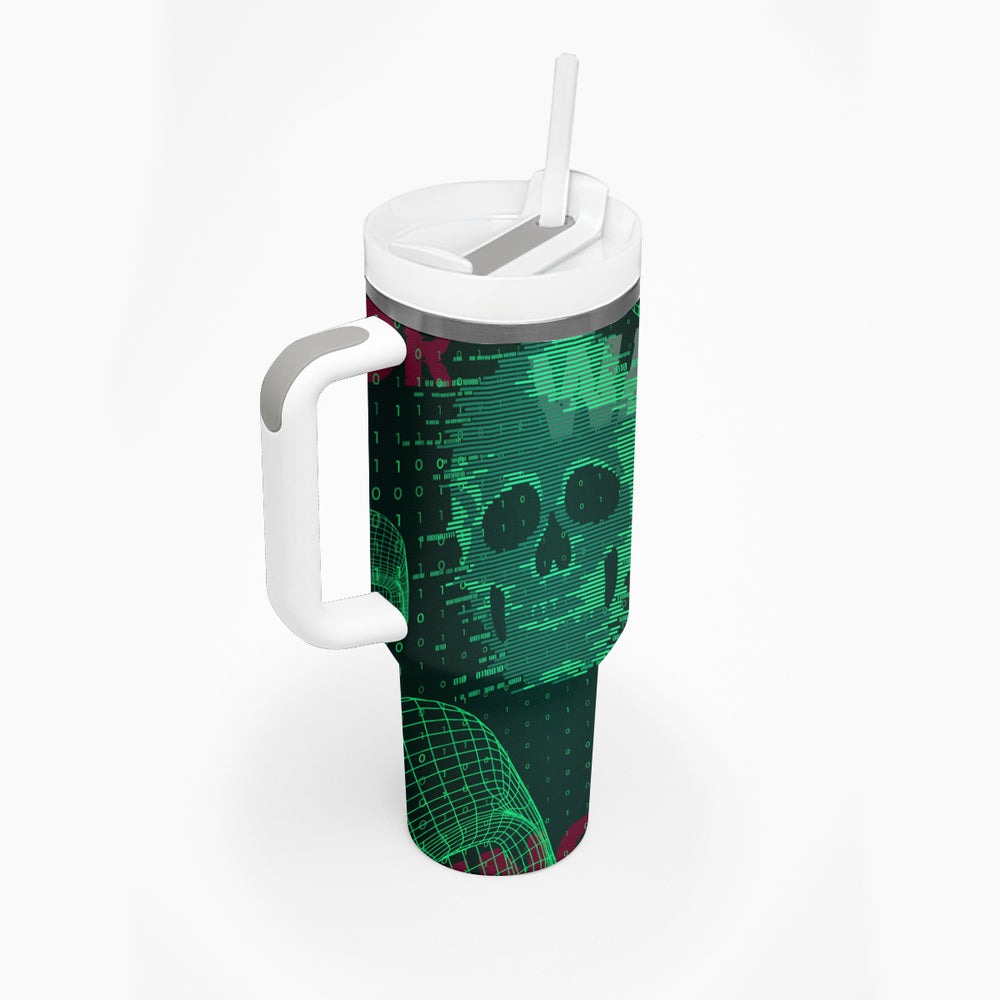 Technology Skull Tumbler With Handle Warning - Erro 404 TS04 Technology Skull Tumbler With Handle Warning - Erro 404 TS04