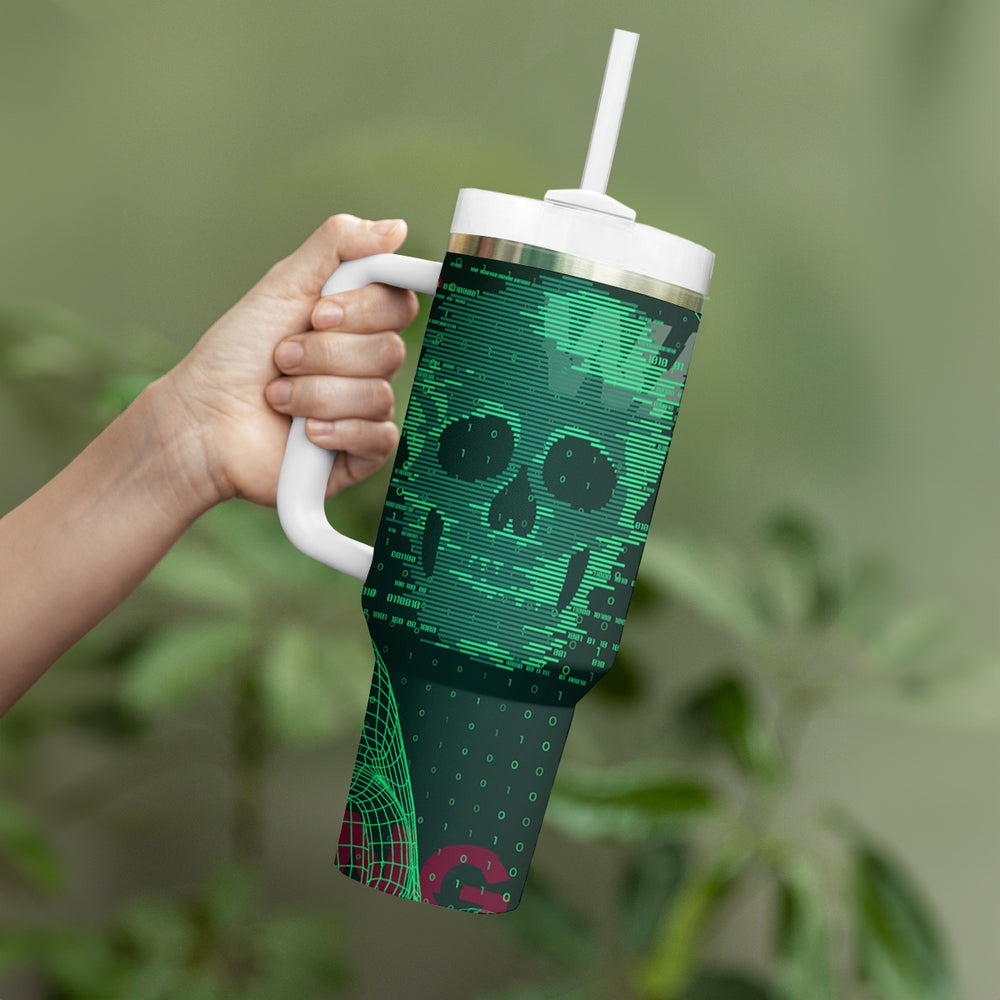 Technology Skull Tumbler With Handle Warning - Erro 404 TS04 Technology Skull Tumbler With Handle Warning - Erro 404 TS04
