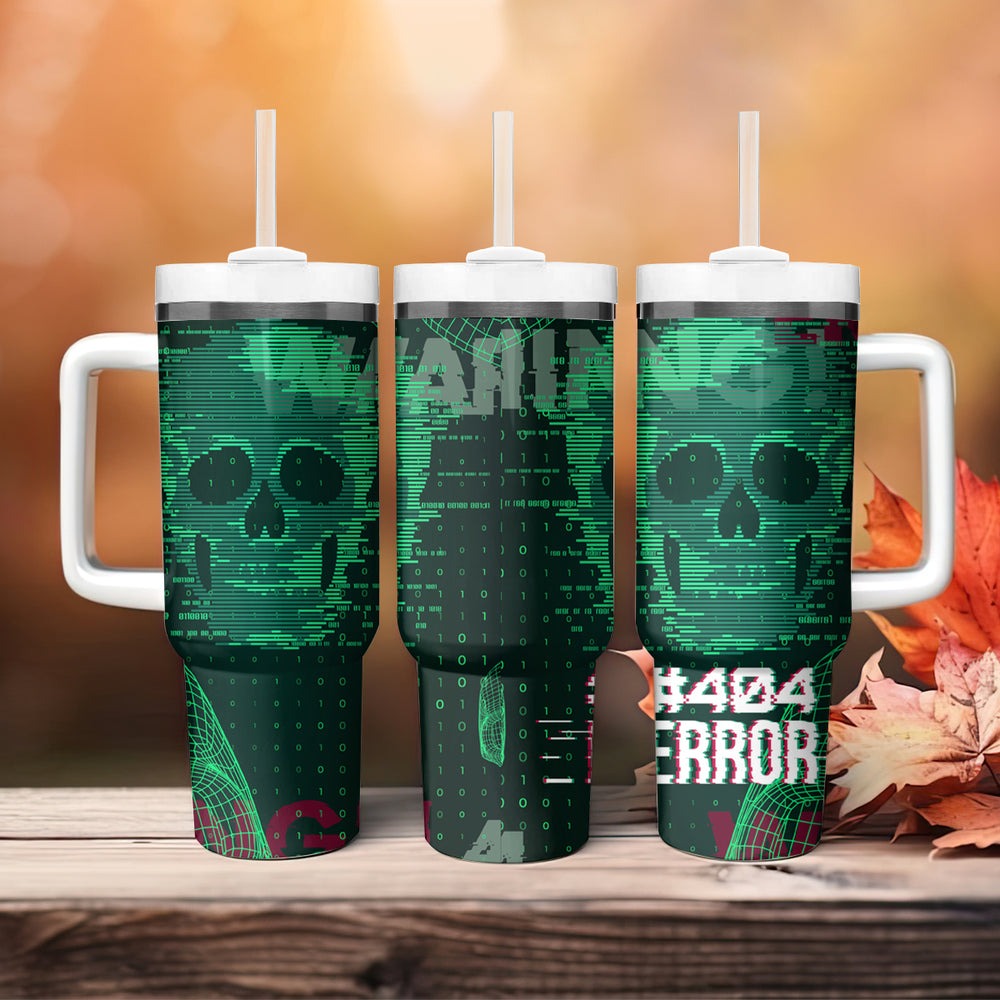 Technology Skull Tumbler With Handle Warning - Erro 404 TS04 Technology Skull Tumbler With Handle Warning - Erro 404 TS04