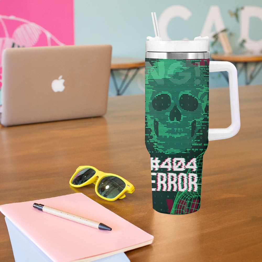 Technology Skull Tumbler With Handle Warning - Erro 404 TS04 Technology Skull Tumbler With Handle Warning - Erro 404 TS04