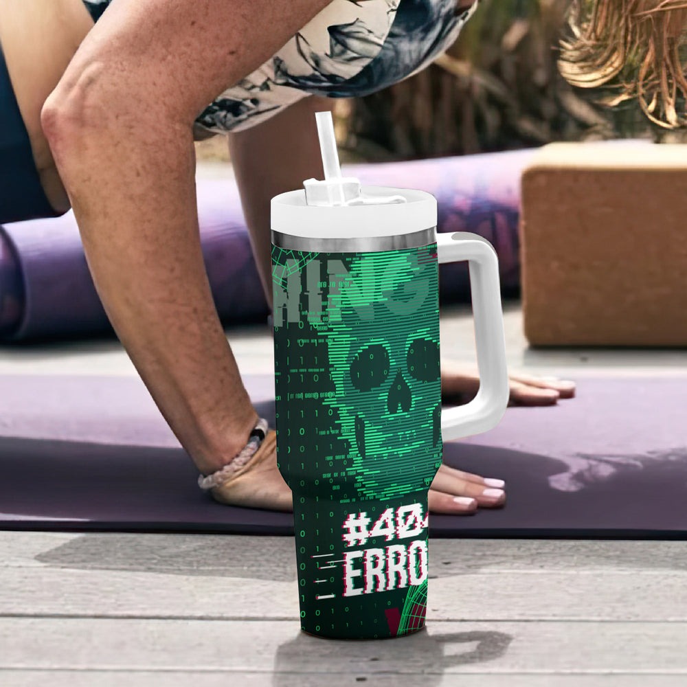Technology Skull Tumbler With Handle Warning - Erro 404 TS04 Technology Skull Tumbler With Handle Warning - Erro 404 TS04