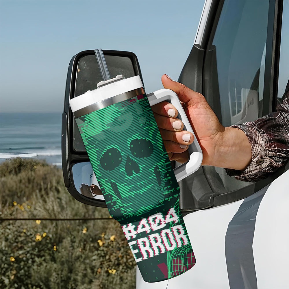 Technology Skull Tumbler With Handle Warning - Erro 404 TS04 Technology Skull Tumbler With Handle Warning - Erro 404 TS04