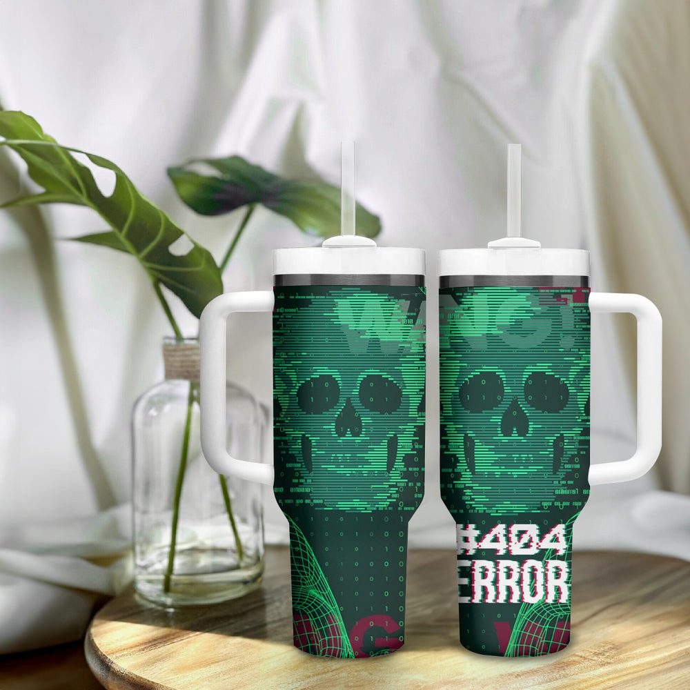 Technology Skull Tumbler With Handle Warning - Erro 404 TS04 Technology Skull Tumbler With Handle Warning - Erro 404 TS04