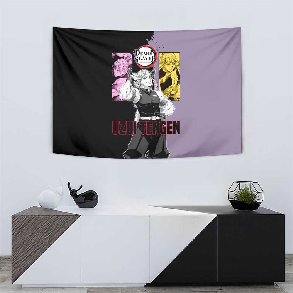 Tengen Uzui from Demon Slayer Tumbler With Handle with Purple and Black Split Design and Dual Sword Manga Panel Layout TS04