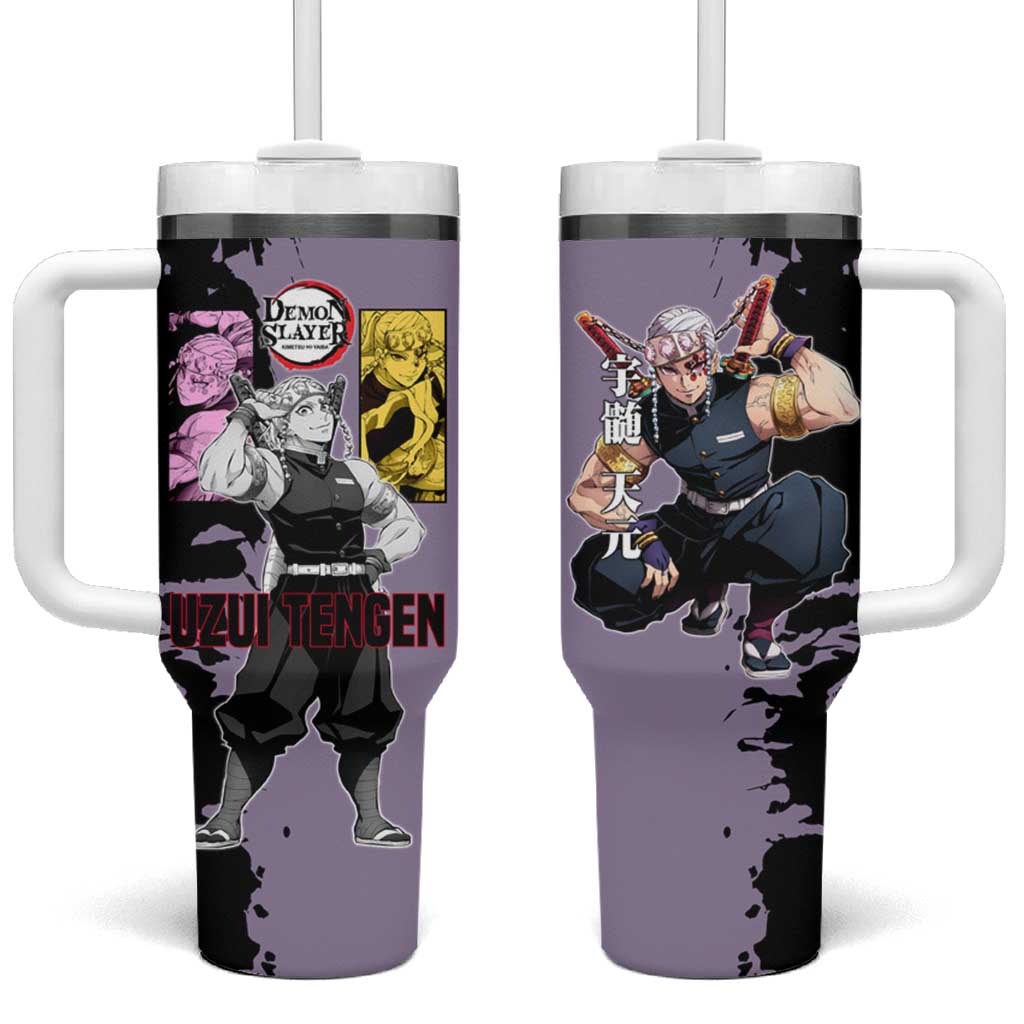 Tengen Uzui from Demon Slayer Tumbler With Handle with Purple and Black Split Design and Dual Sword Manga Panel Layout TS04