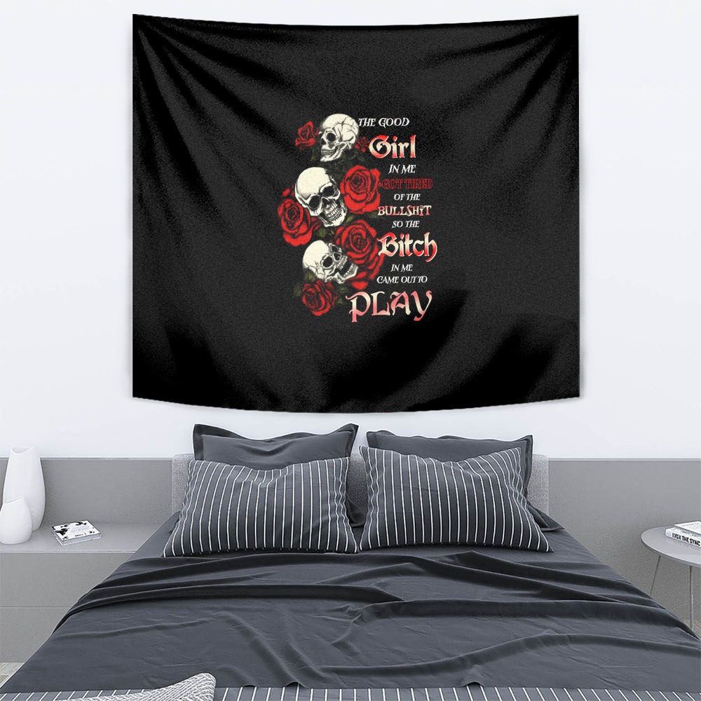 The Good Girl In Me 3 Skulls Rose Vintage Tapestry TS04