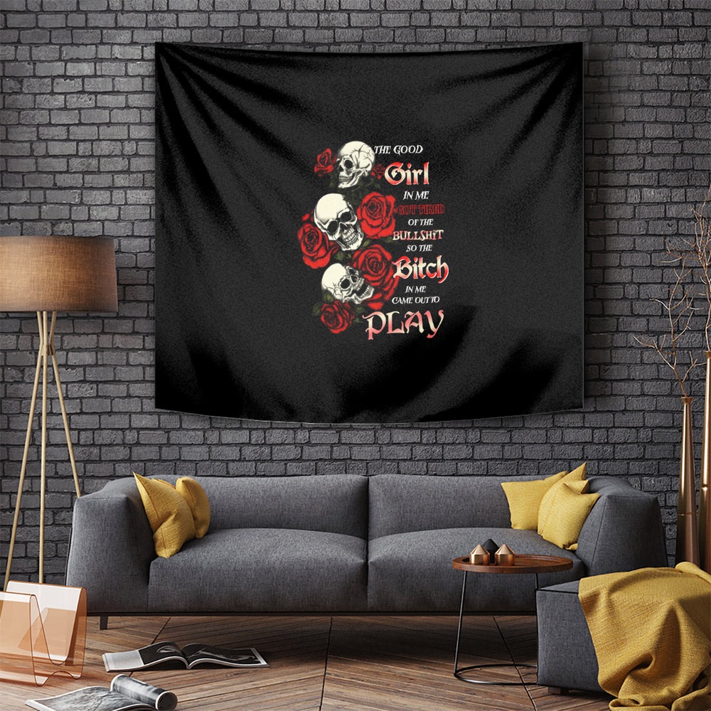 The Good Girl In Me 3 Skulls Rose Vintage Tapestry TS04