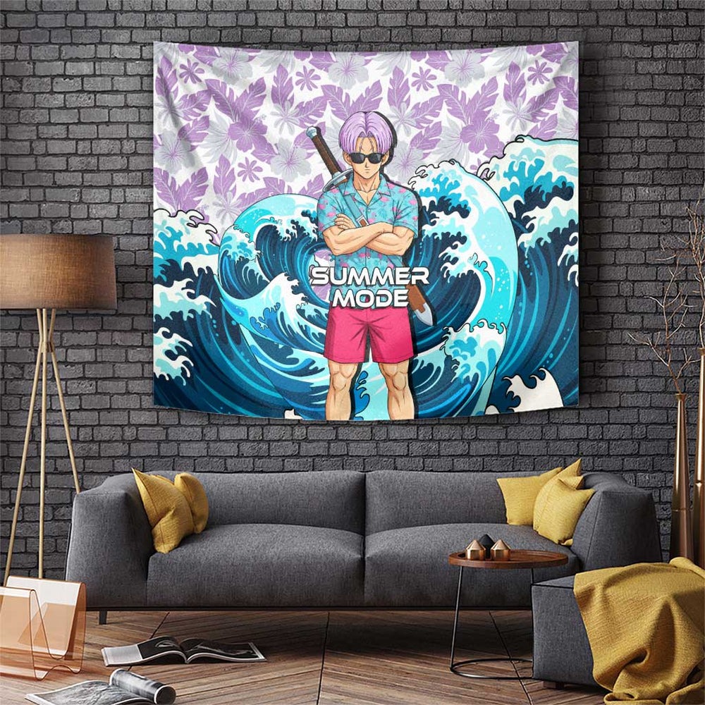 Trunks Dragon Ball Summer Theme Tumbler With Handle with Sword Floral Shirt Sunglasses Shenron and Ocean Wave Background TS04