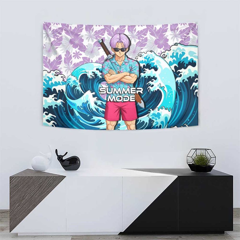 Trunks Dragon Ball Summer Theme Tumbler With Handle with Sword Floral Shirt Sunglasses Shenron and Ocean Wave Background TS04
