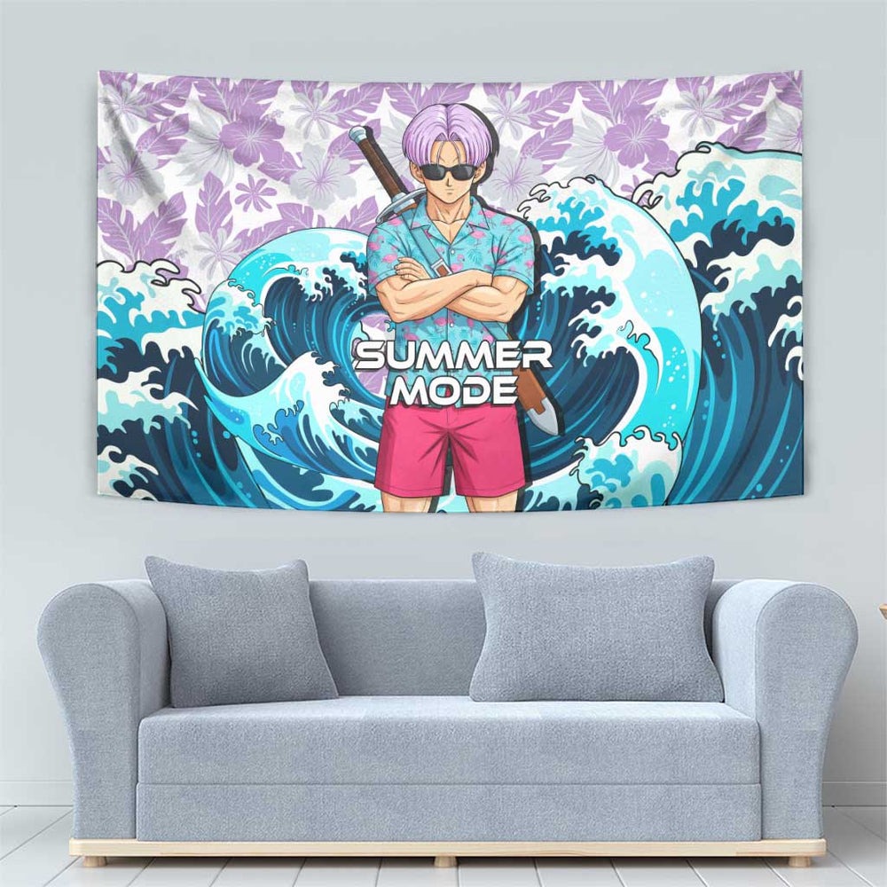 Trunks Dragon Ball Summer Theme Tumbler With Handle with Sword Floral Shirt Sunglasses Shenron and Ocean Wave Background TS04