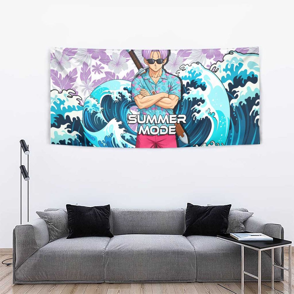 Trunks Dragon Ball Summer Theme Tumbler With Handle with Sword Floral Shirt Sunglasses Shenron and Ocean Wave Background TS04
