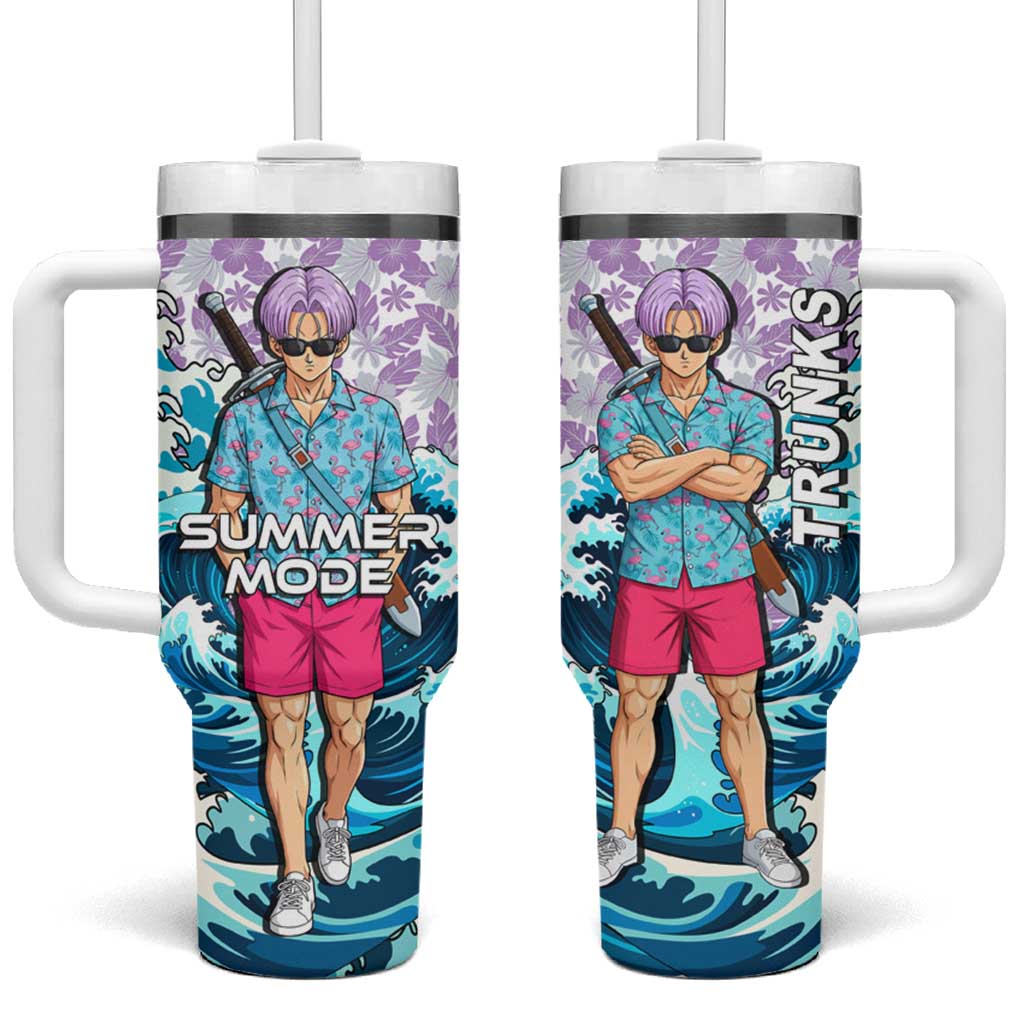 Trunks Dragon Ball Summer Theme Tumbler With Handle with Sword Floral Shirt Sunglasses Shenron and Ocean Wave Background TS04