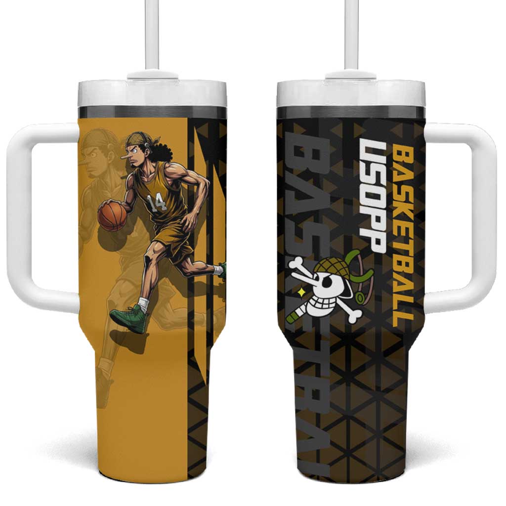 Usopp One Piece Basketball Theme Yellow and Black Design Tumbler With Handle with Sniper Emblem and Action Pose TS04