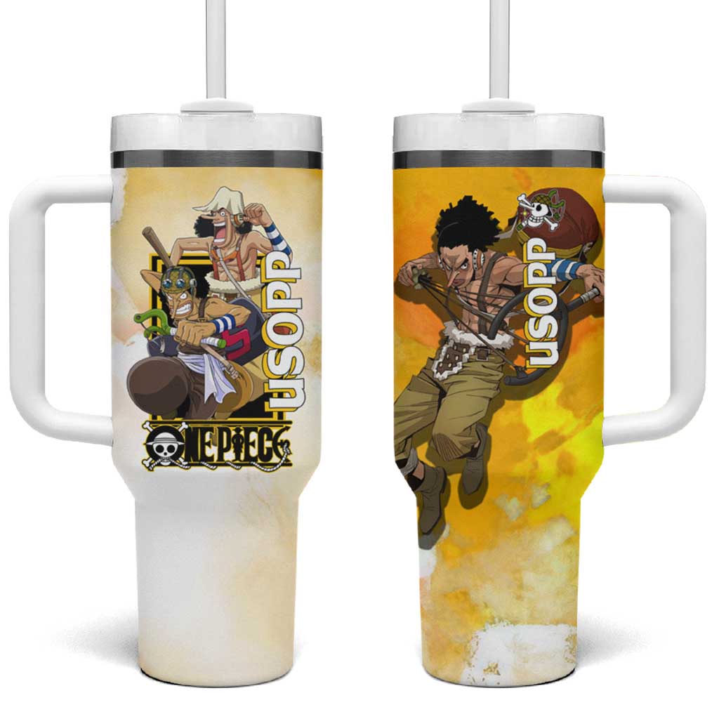 Usopp One Piece Yellow and White Theme Tumbler With Handle with Sniper Pose and Sogeking Mask Design TS04