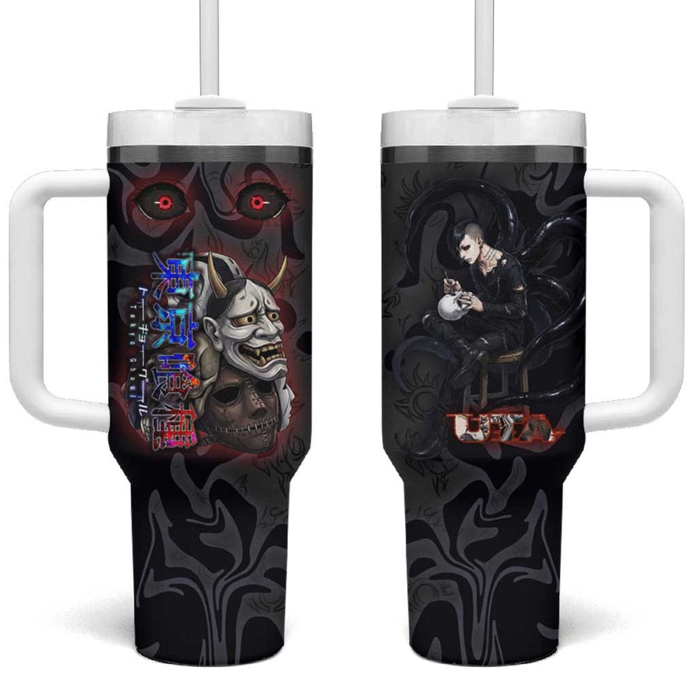 Uta Tokyo Ghoul Tumbler With Handle Dark Urban Tattoo Style with Oni Mask Elements TS04 Uta Tokyo Ghoul Tumbler With Handle Dark Urban Tattoo Style with Oni Mask Elements TS04