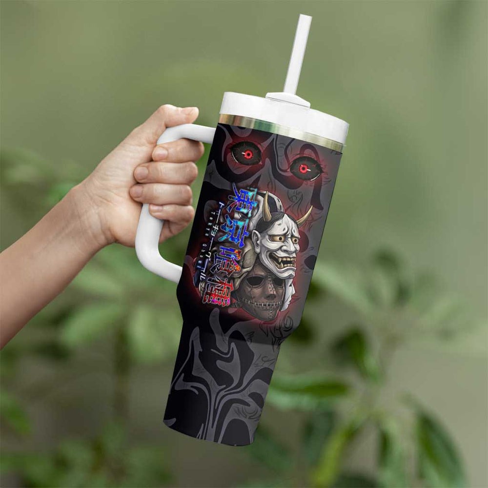 Uta Tokyo Ghoul Tumbler With Handle Dark Urban Tattoo Style with Oni Mask Elements TS04 Uta Tokyo Ghoul Tumbler With Handle Dark Urban Tattoo Style with Oni Mask Elements TS04
