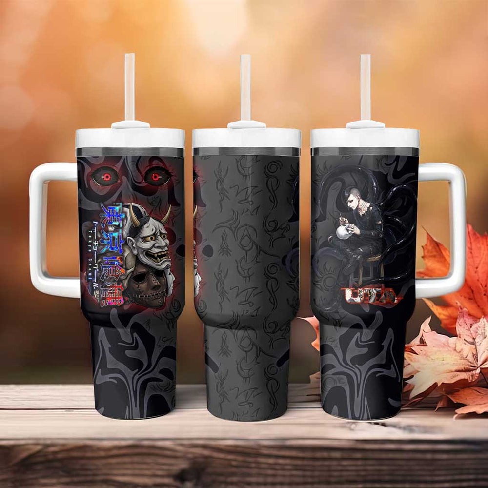 Uta Tokyo Ghoul Tumbler With Handle Dark Urban Tattoo Style with Oni Mask Elements TS04 Uta Tokyo Ghoul Tumbler With Handle Dark Urban Tattoo Style with Oni Mask Elements TS04