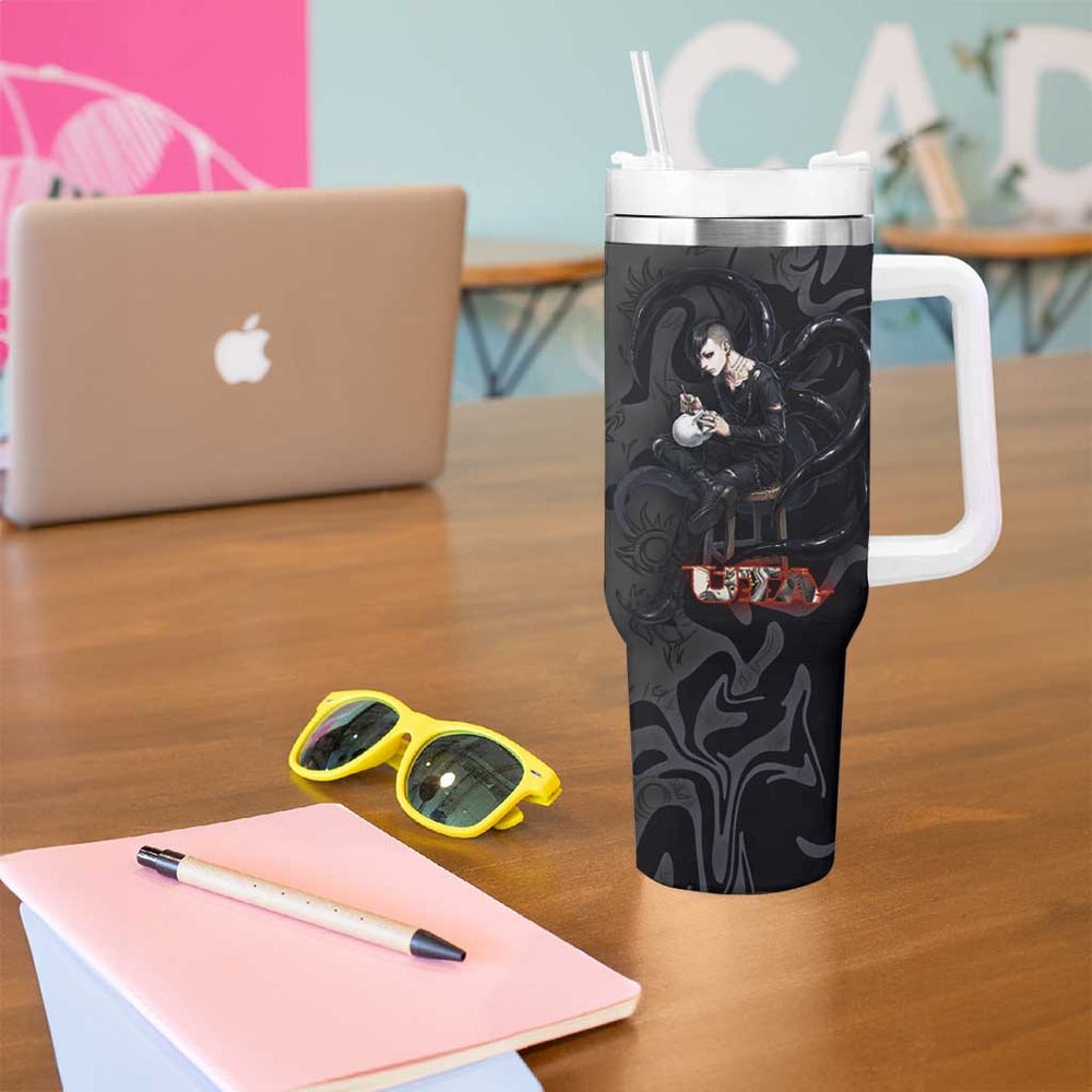 Uta Tokyo Ghoul Tumbler With Handle Dark Urban Tattoo Style with Oni Mask Elements TS04 Uta Tokyo Ghoul Tumbler With Handle Dark Urban Tattoo Style with Oni Mask Elements TS04