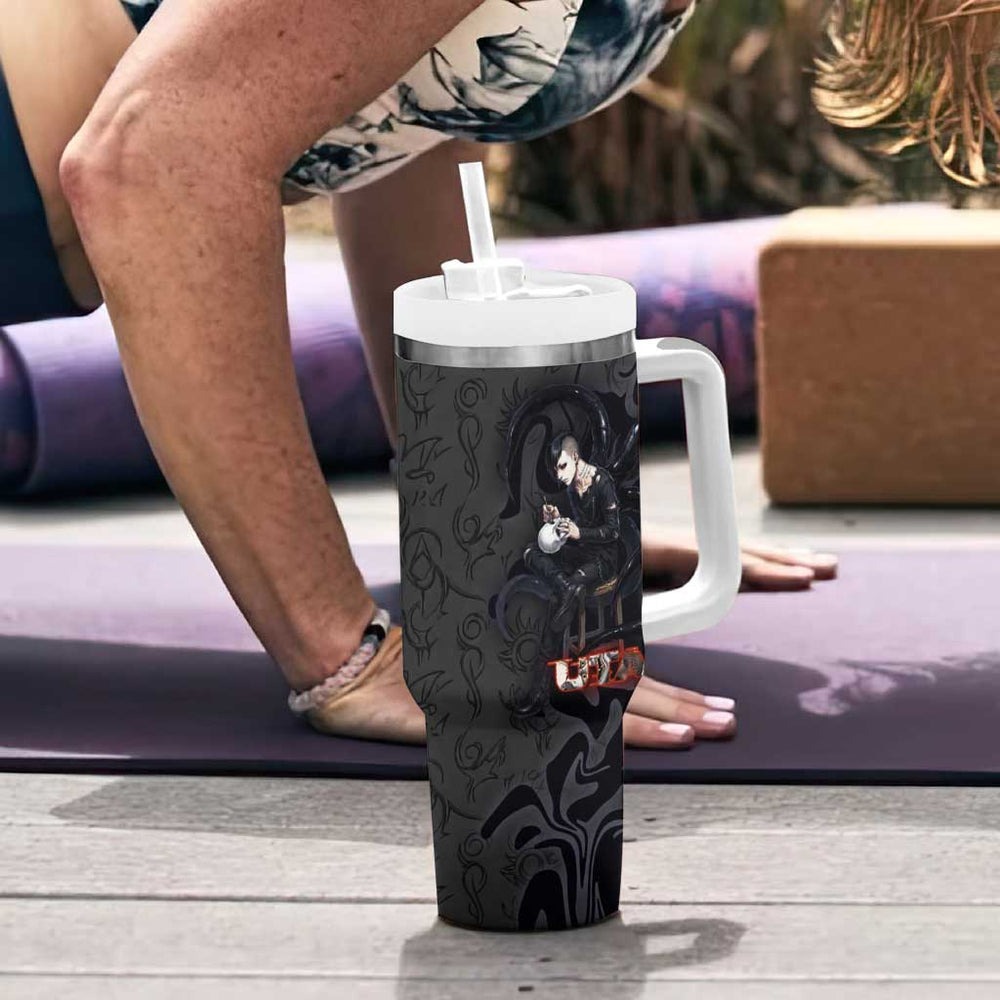 Uta Tokyo Ghoul Tumbler With Handle Dark Urban Tattoo Style with Oni Mask Elements TS04 Uta Tokyo Ghoul Tumbler With Handle Dark Urban Tattoo Style with Oni Mask Elements TS04