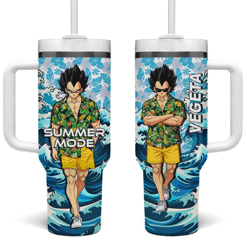 Vegeta Dragon Ball Summer Theme Tumbler With Handle with Hawaiian Shirt Sunglasses Shenron and Ocean Wave Background TS04