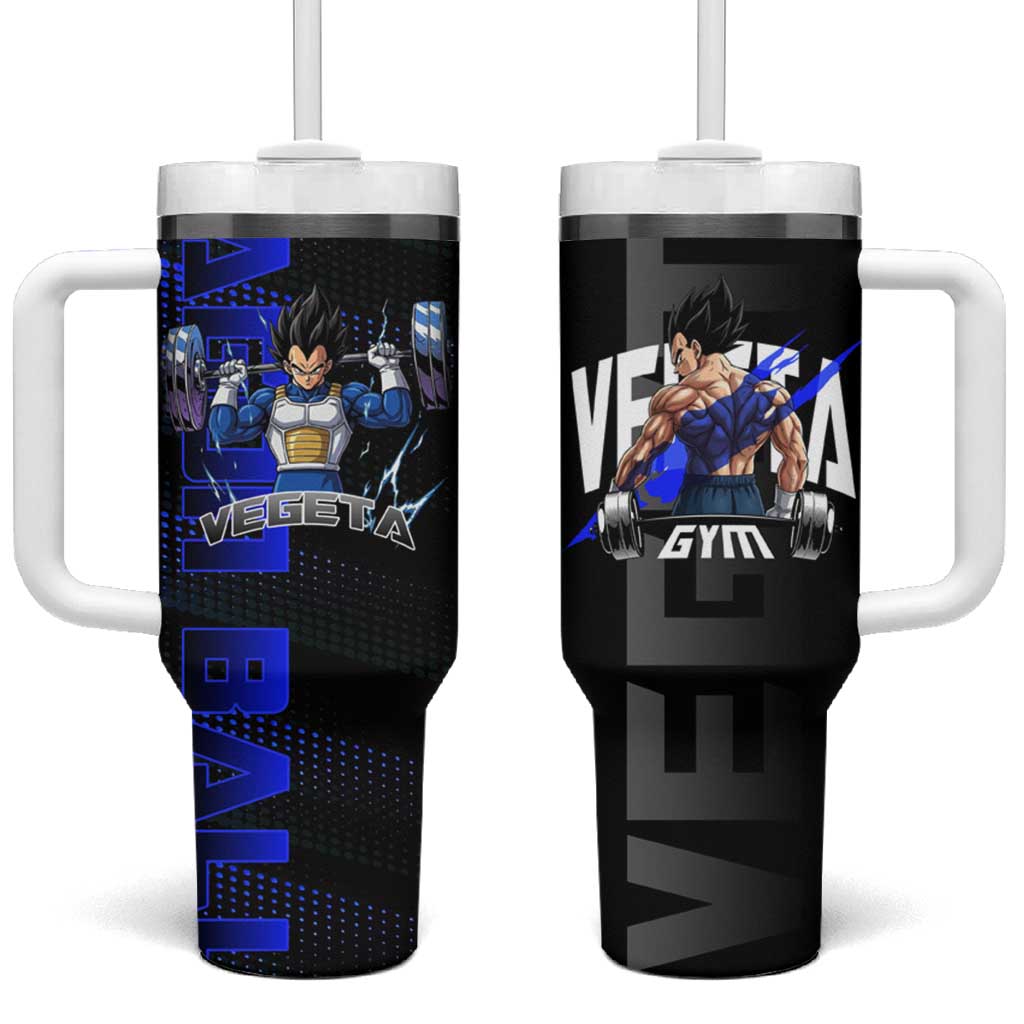 Vegeta Gym Theme Black and Blue Design Tumbler With Handle with Powerlifting Pose and Saiyan Armor Style TS04