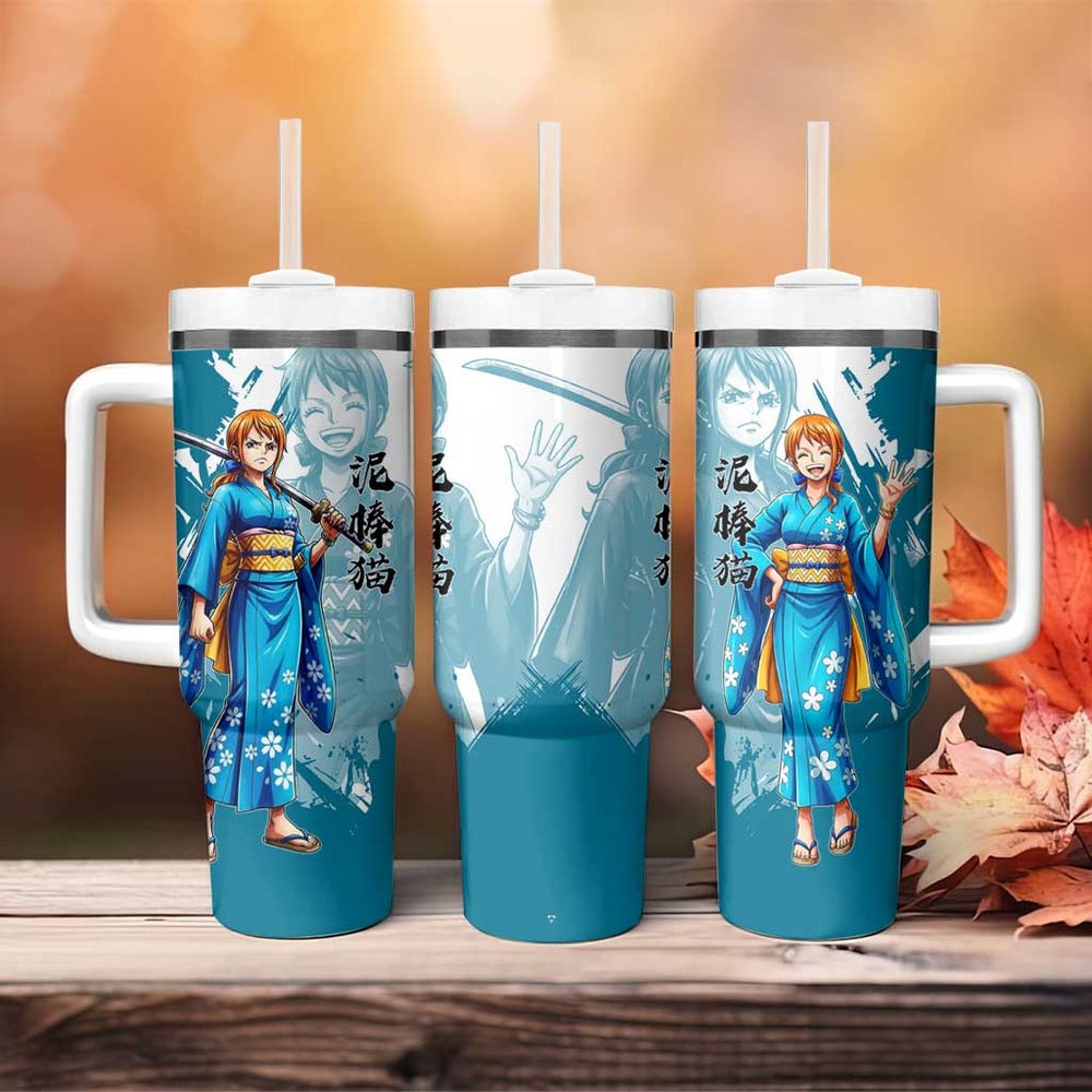 Wano Navigator Nami Tumbler With Handle Floral Kimono Anime Brush Art TS04 Wano Navigator Nami Tumbler With Handle Floral Kimono Anime Brush Art TS04