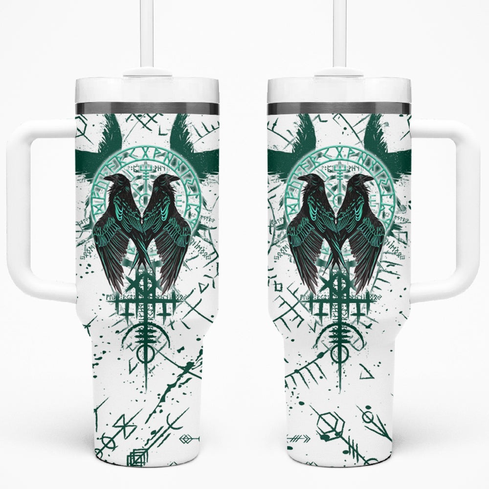 Winged Wisdom Of Viking Tumbler With Handle Hugin, Munin, and the Vegvisir TS04 Winged Wisdom Of Viking Tumbler With Handle Hugin, Munin, and the Vegvisir TS04