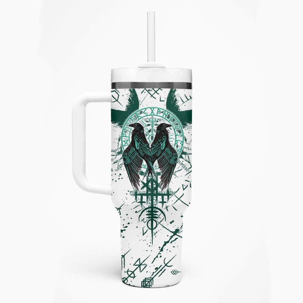 Winged Wisdom Of Viking Tumbler With Handle Hugin, Munin, and the Vegvisir TS04 Winged Wisdom Of Viking Tumbler With Handle Hugin, Munin, and the Vegvisir TS04