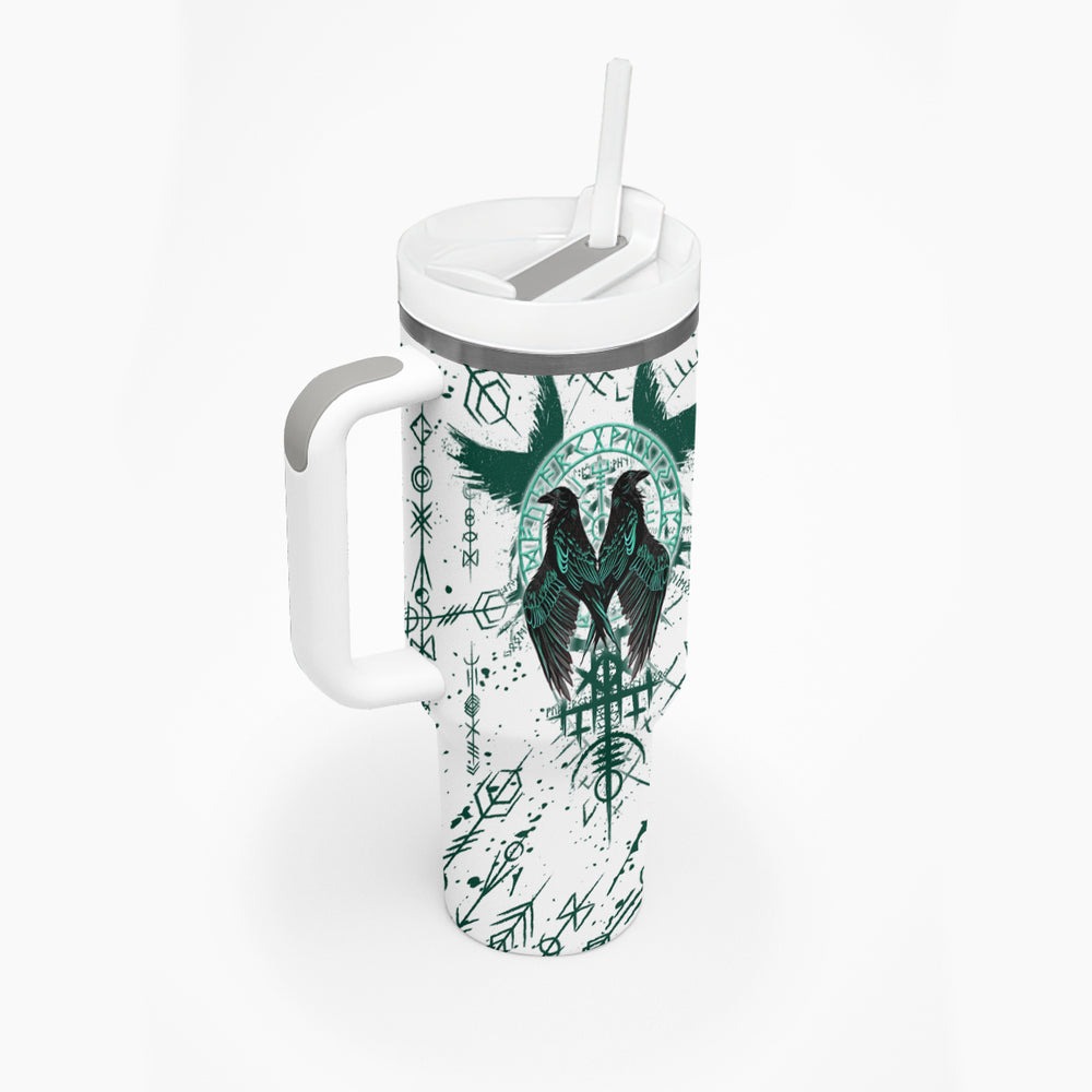 Winged Wisdom Of Viking Tumbler With Handle Hugin, Munin, and the Vegvisir TS04 Winged Wisdom Of Viking Tumbler With Handle Hugin, Munin, and the Vegvisir TS04